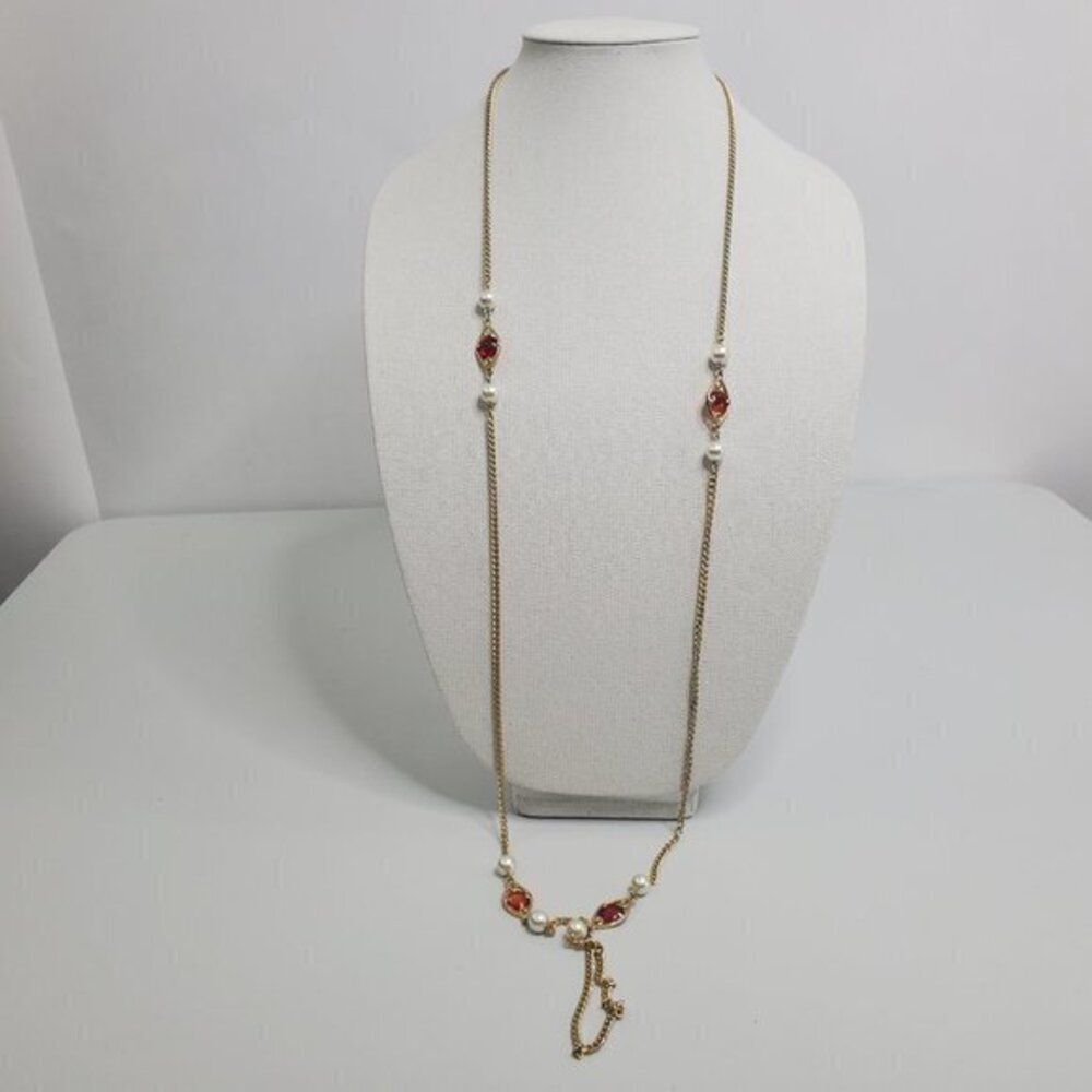 Long Chain Necklace Red Beaded Faux Pearl Gold Ton